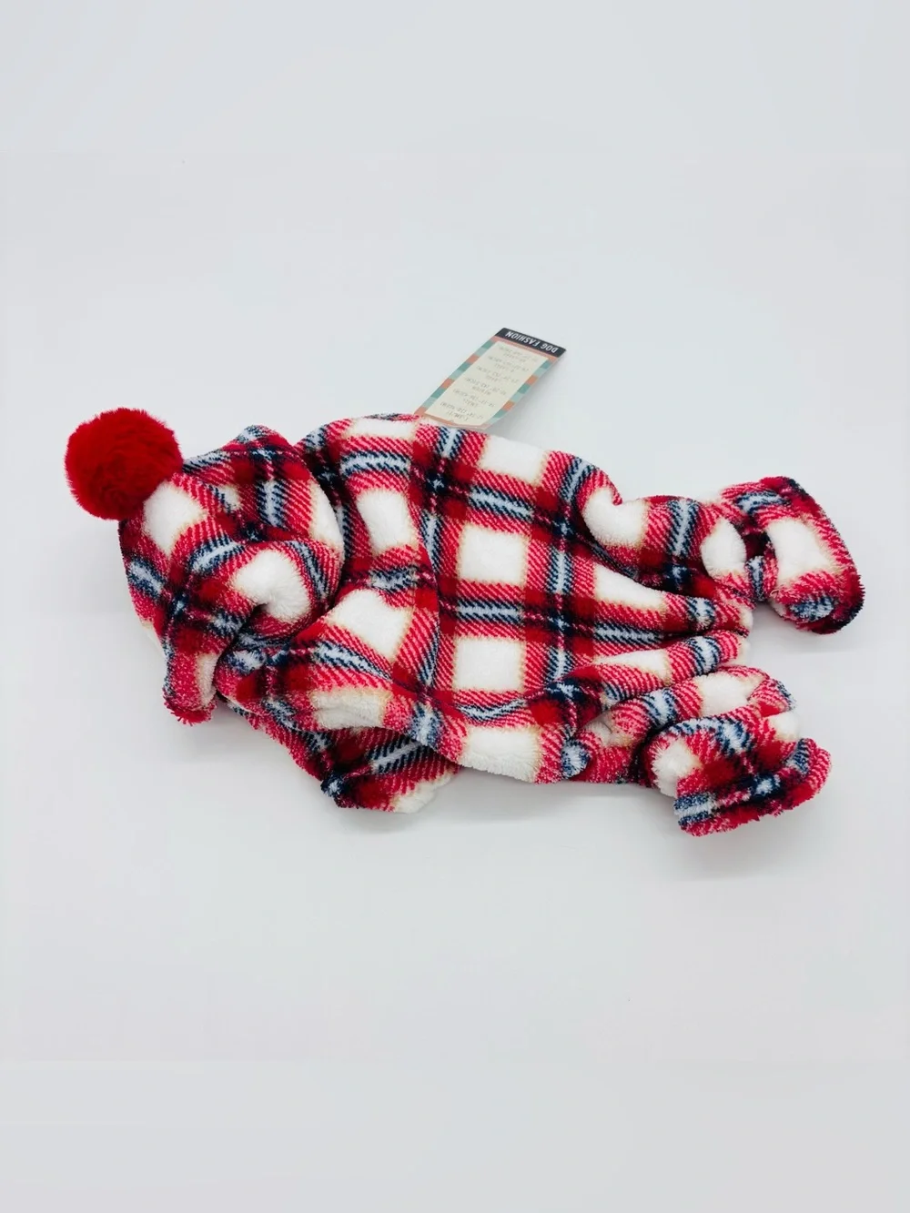 Wag A Tude Dog Pajamas XS Red Plaid Plush Hooded Pom Pom Pet Fleece Sleeper NWT